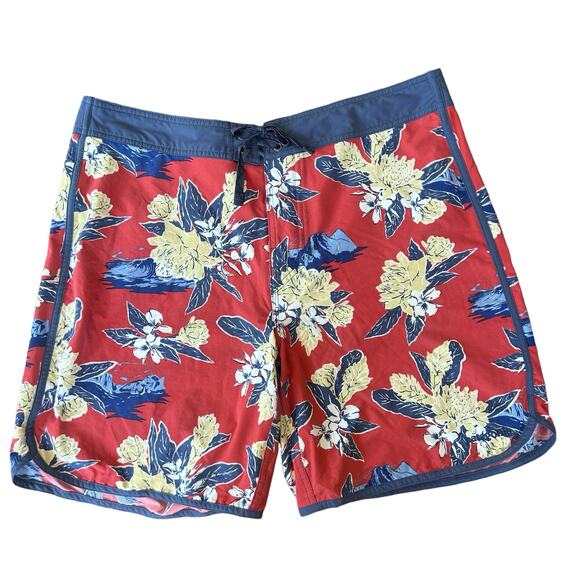 Patagonia Other - Patagonia Board Shorts Swim Mens Size 36 Red Blue Wavefarer Scallop Hem Tropical